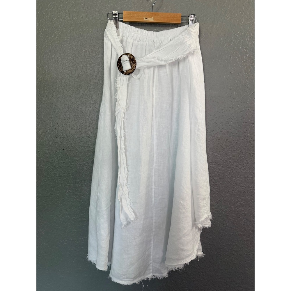 Milio Milano White Linen Maxi Skirt Frayed Hem Boho Belted Beach MED Breezy